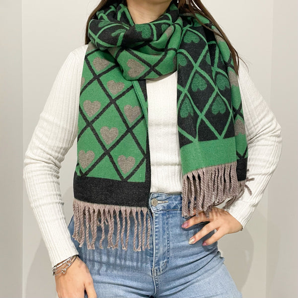 1.4 DESIGN Maxi Sciarpa Cuori Verde